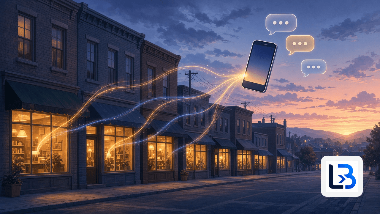 Main Street storefronts at dusk with glowing streams of light running from shop windows to a smartphone and chat bubbles, representing local businesses connecting to AI