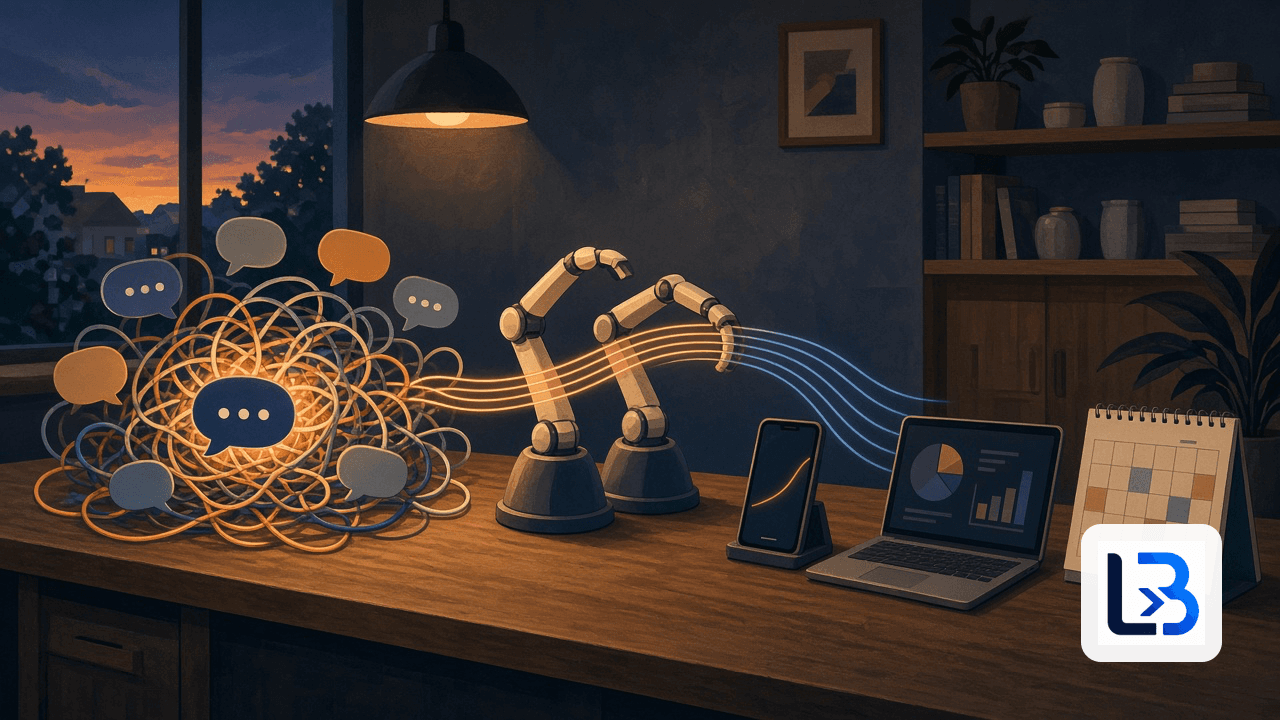 Tangle of glowing cables and chat bubbles on a small-business counter being sorted into neat lines that lead to a phone, laptop and calendar