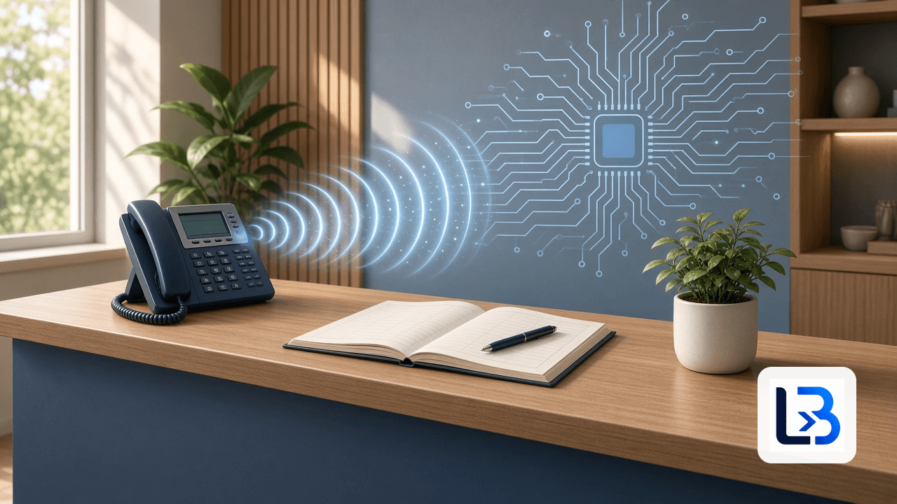 Front desk with a phone sending soft sound waves into a glowing AI circuit pattern, beside an open appointment book and a potted plant
