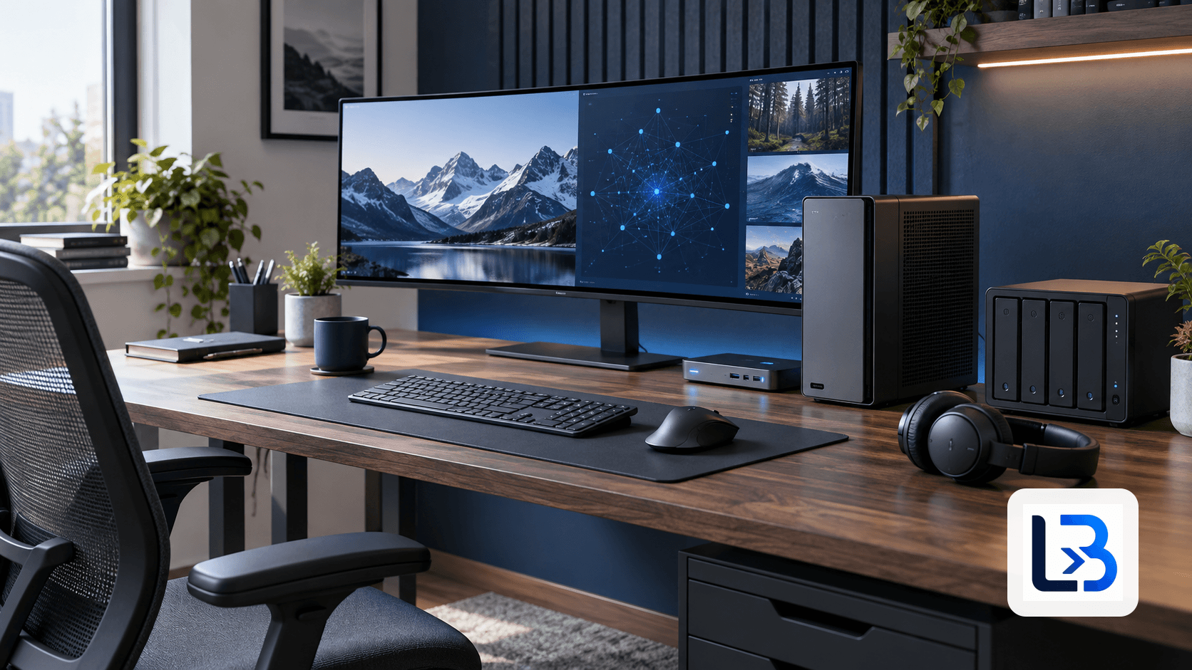 A practical local AI workspace with an ultrawide monitor, compact computer, network storage, dock, keyboard, mouse, and headphones