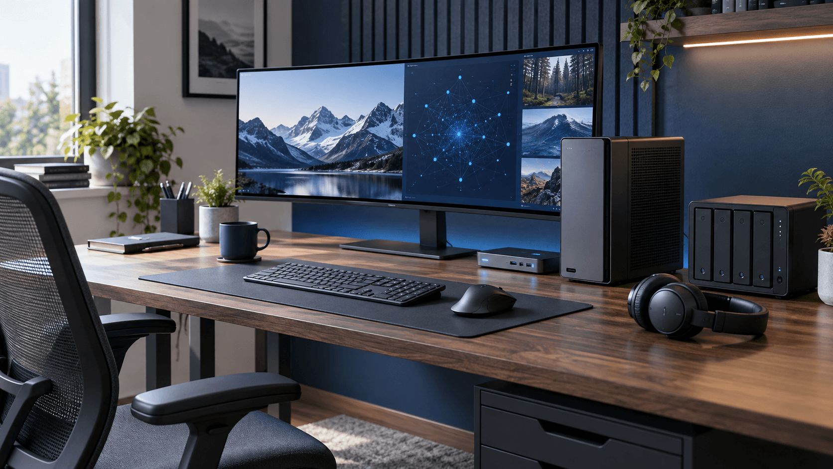 A practical local AI workspace with an ultrawide monitor, compact computer, network storage, dock, keyboard, mouse, and headphones