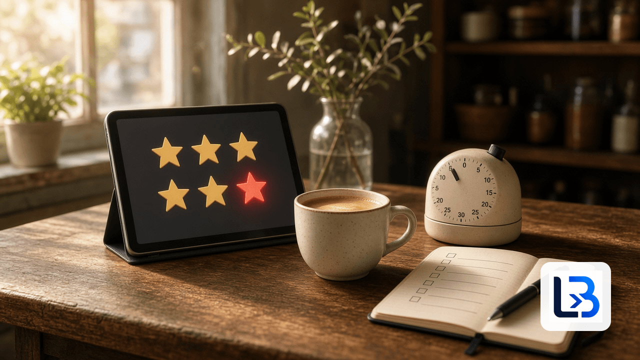 Wooden shop counter with a tablet showing gold rating stars and one glowing red star, beside a coffee cup, a kitchen timer and a notebook with a blank checklist
