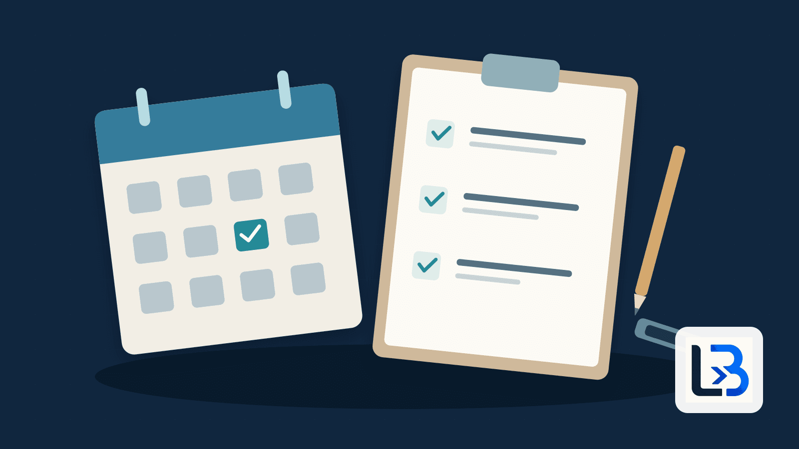 An appointment calendar beside a preparation checklist and neatly arranged tools on a navy desk.