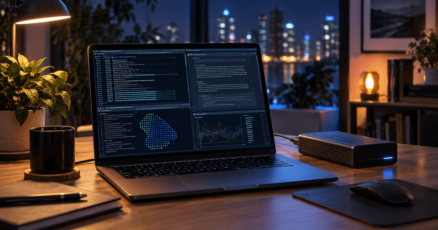 A high-memory professional laptop running several local open-source AI models in a modern workspace