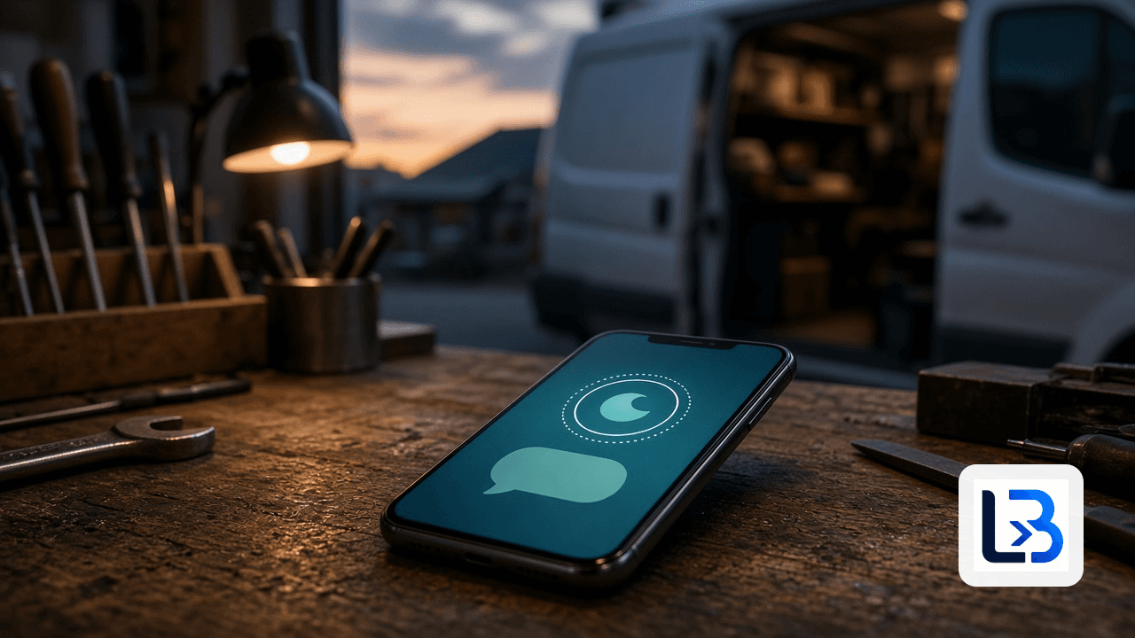 Smartphone glowing on a workshop bench at dusk with abstract call and message icons, tools and an open work van in the background