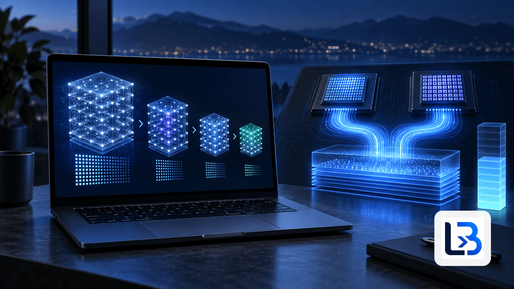 An unbranded laptop visualizing local AI model quantization and shared unified memory