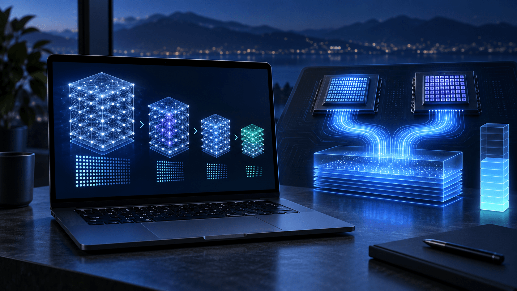 An unbranded laptop visualizing local AI model quantization and shared unified memory