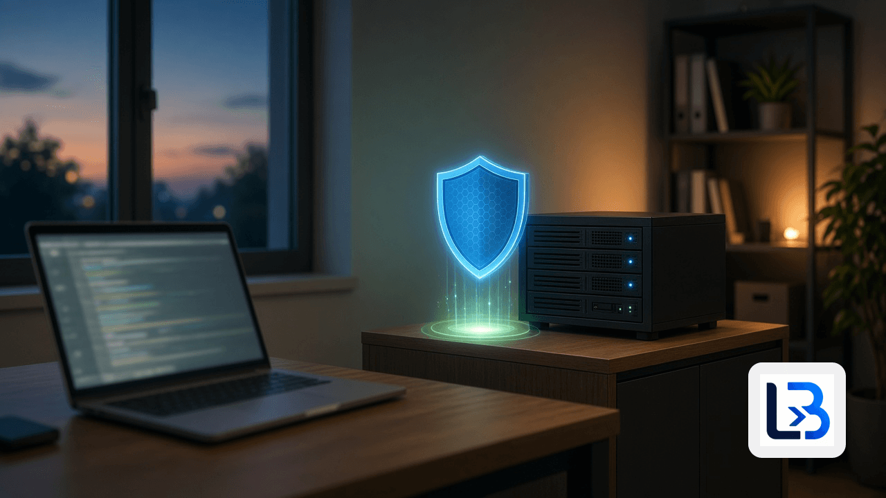 Small server on a wooden cabinet in a dim office at dusk, with a glowing blue shield and a green update light in front of it and a laptop on the desk