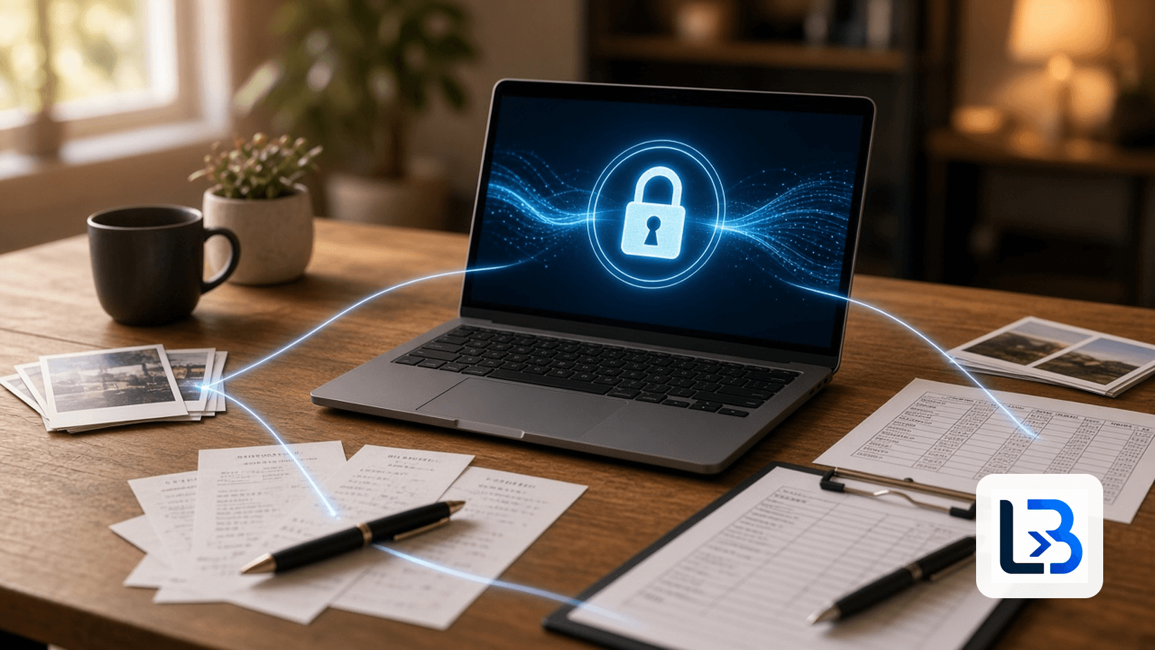 Laptop on a wooden office desk showing a glowing padlock and blue data waves, with receipts, a clipboard, a spreadsheet and photos linked to it by light lines, representing a private AI model running locally