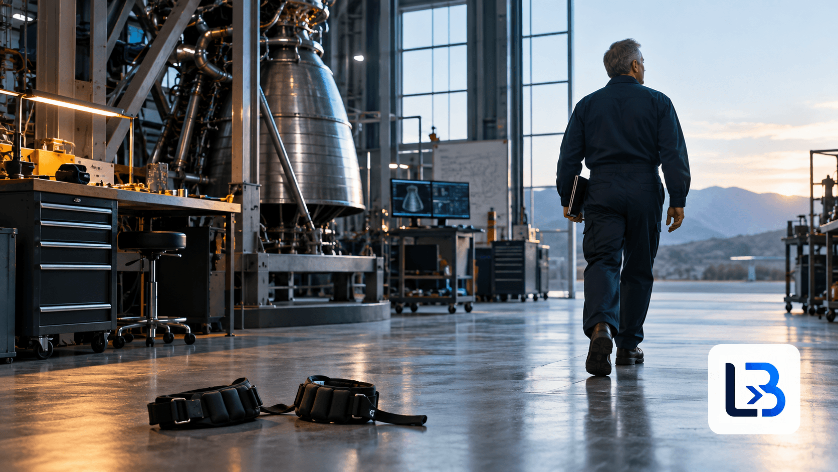 An experienced aerospace engineer walking toward a rapid prototyping workshop after leaving ankle weights behind