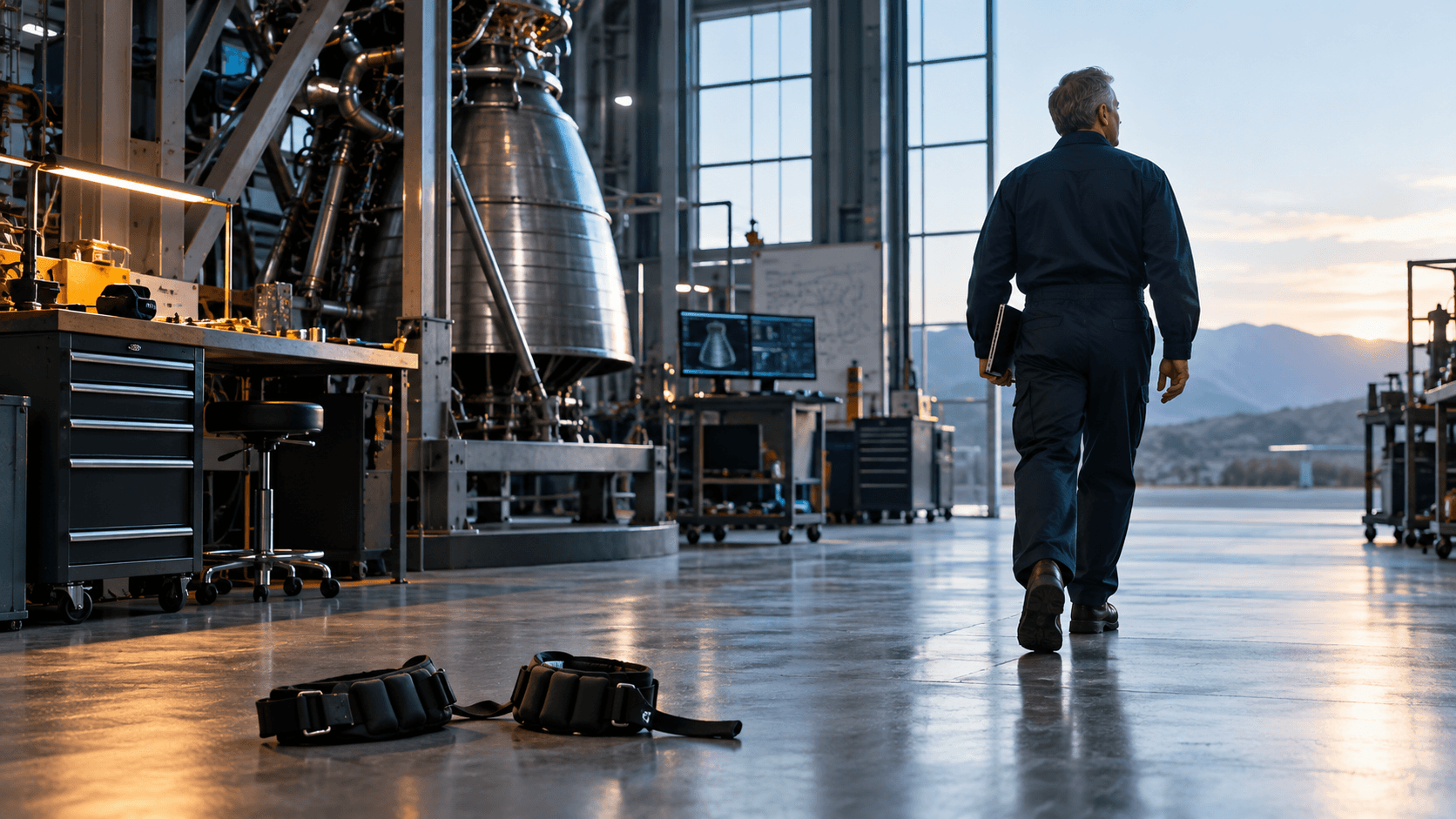An experienced aerospace engineer walking toward a rapid prototyping workshop after leaving ankle weights behind