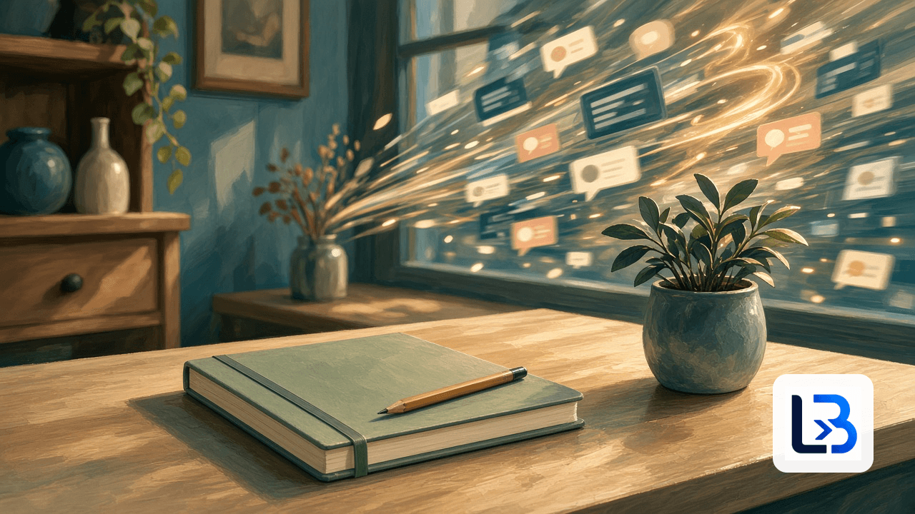 Calm wooden shop counter with a closed notebook, pencil and potted plant while a blur of glowing screens and notification bubbles rushes past the window