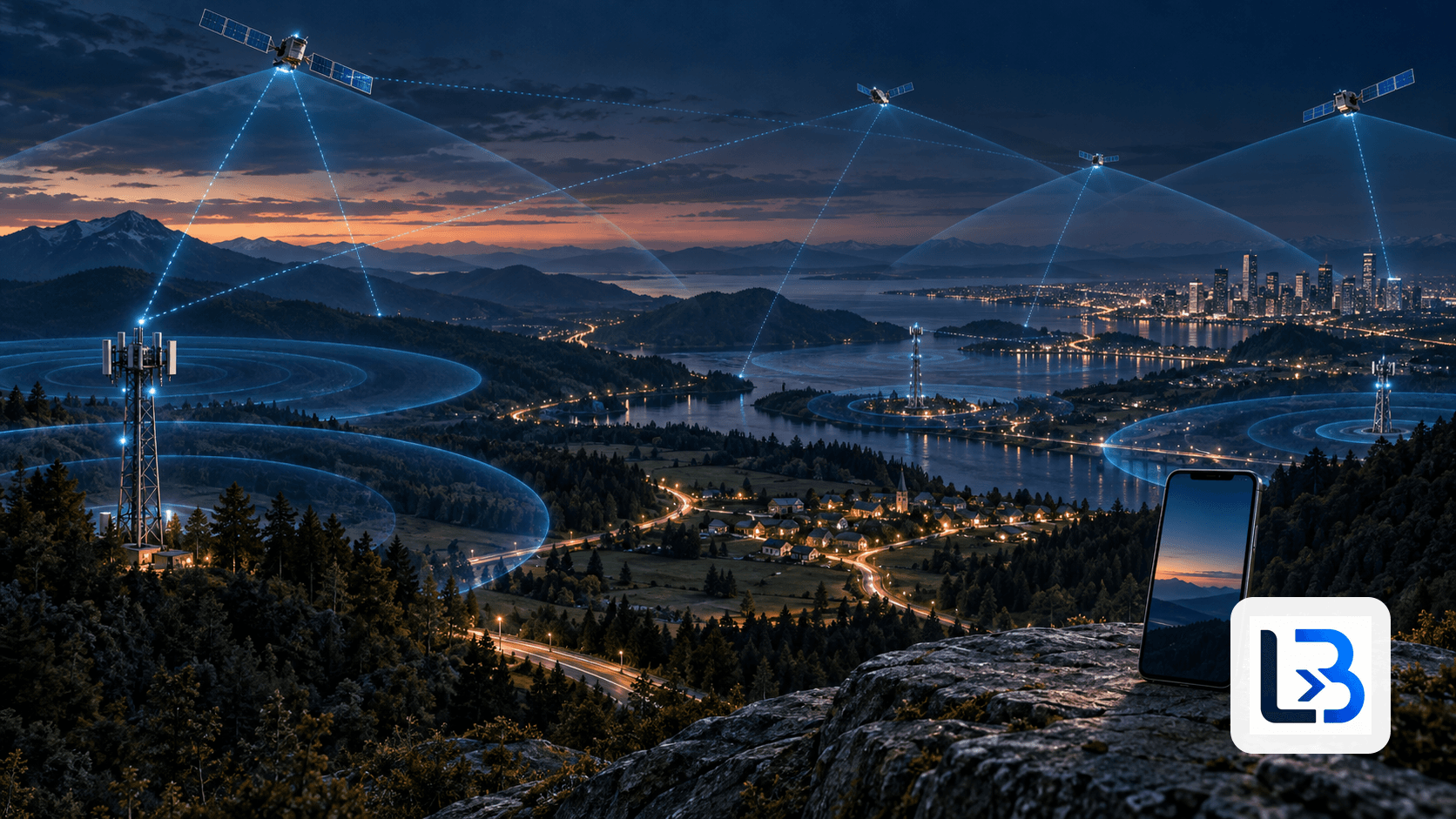 Satellites and ground towers forming a hybrid mobile network across rural communities and a distant city