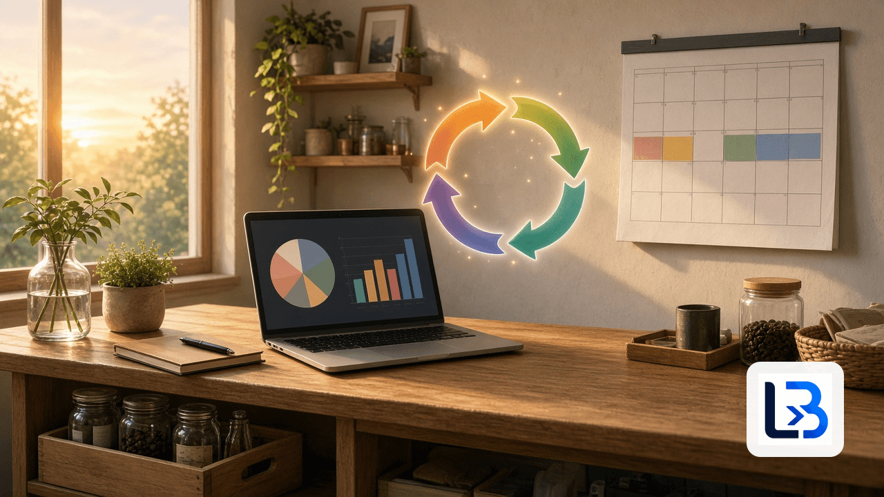 Sunlit shop counter with a laptop showing charts, a glowing four-arrow loop, and a wall calendar with one week highlighted, representing a weekly improvement routine