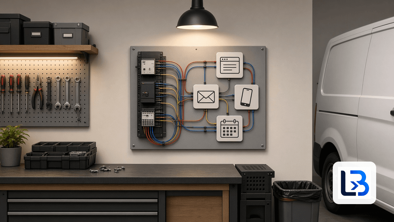 Workshop wall panel with neat colored cables connecting icons of a website, email, phone, and calendar beside a service van, representing connected business systems