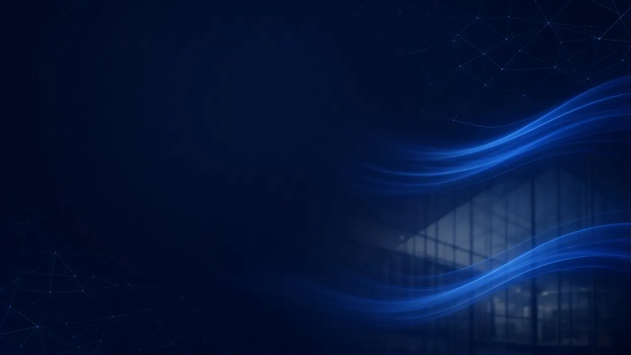 Deep navy background with soft electric-blue light ribbons, a faint data network and blurred glass office architecture