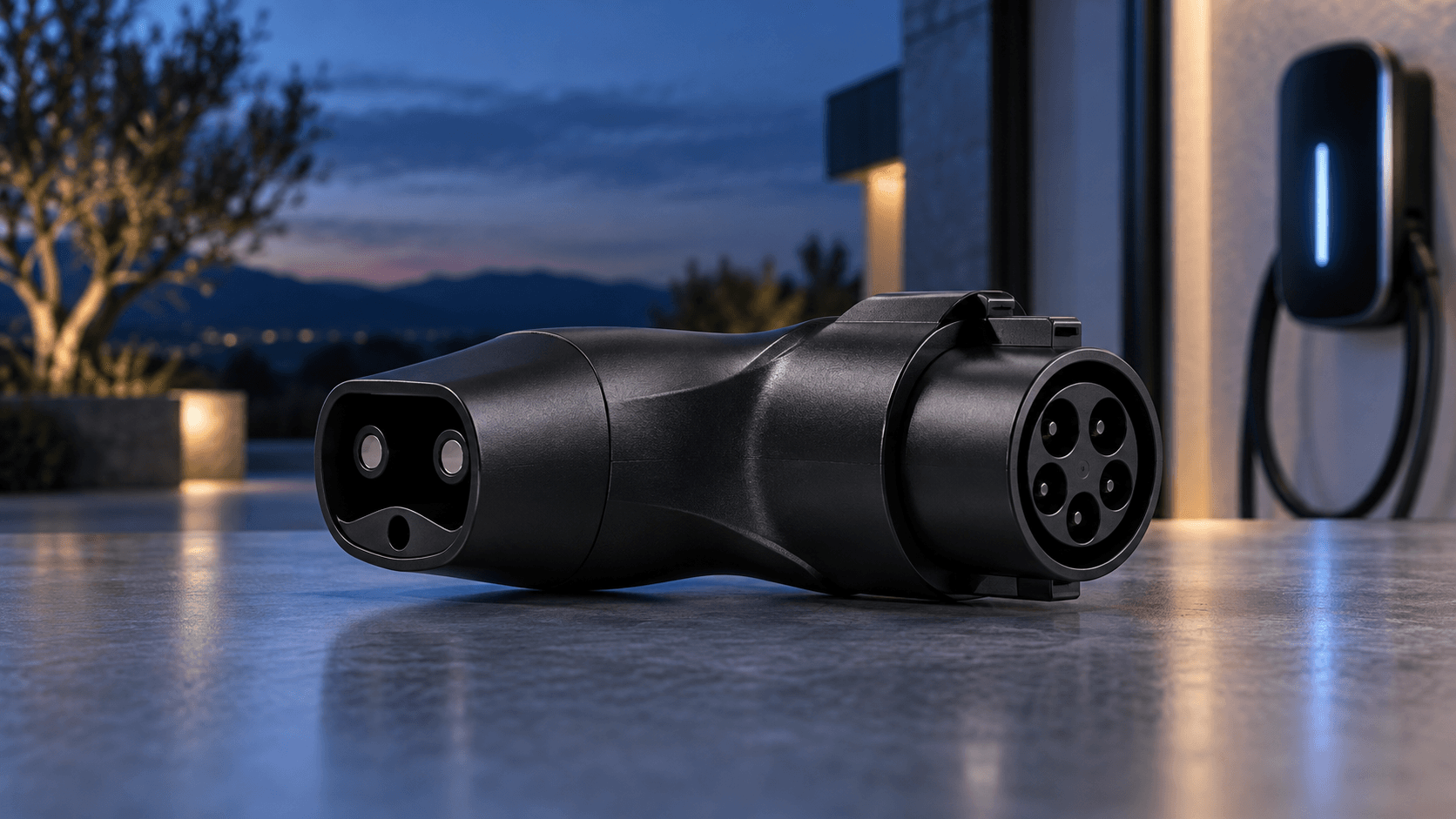 Compact black NACS charger to J1772 vehicle adapter at a destination charging location