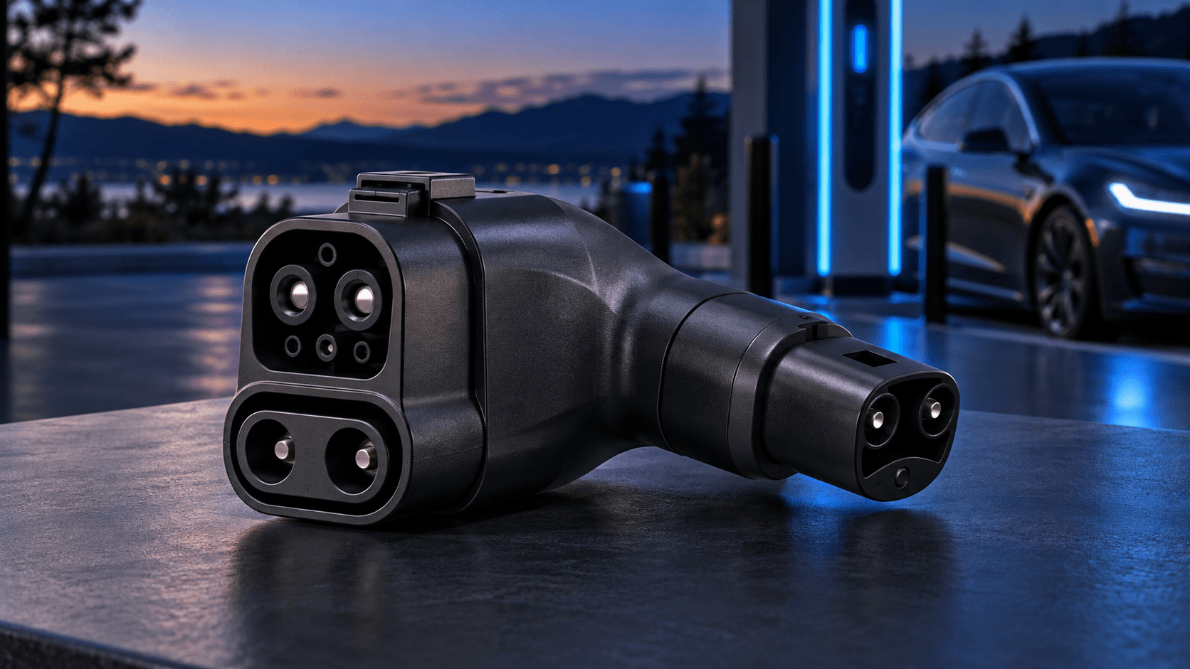 Black CCS1-to-NACS electric vehicle fast-charging adapter at a charging station