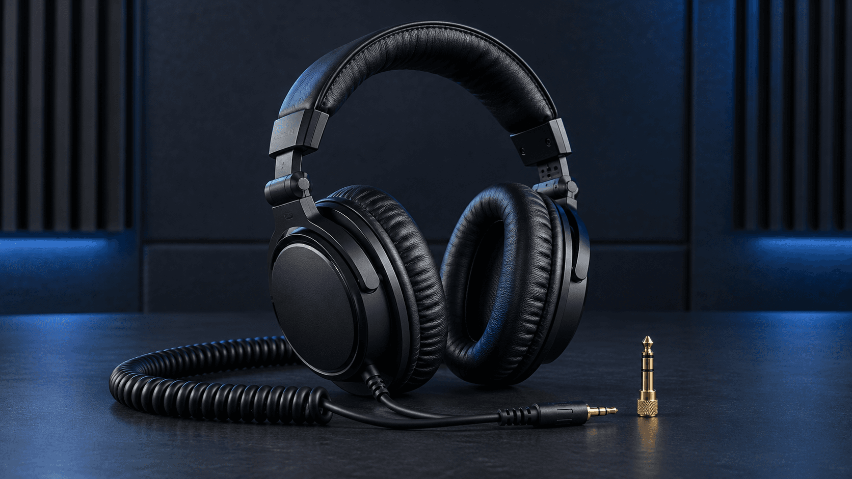 Black professional wired monitoring headphones with coiled cable, 3.5 millimeter plug, and quarter-inch adapter