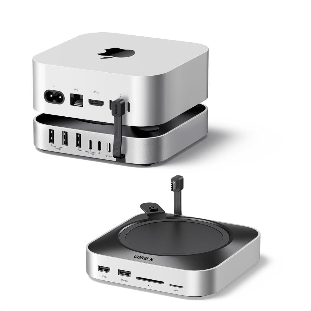 UGREEN Mac mini dock and stand shown beneath a Mac mini with its integrated connection cable